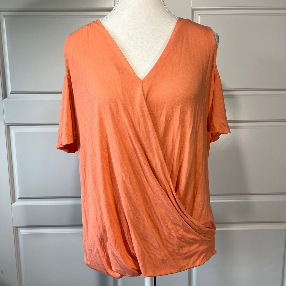 Bold Elements Womens Top Small‎ S Cold Shoulder V Neck Drape Front Coral